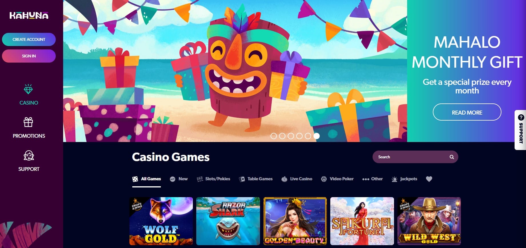 Kahuna Casino homepage