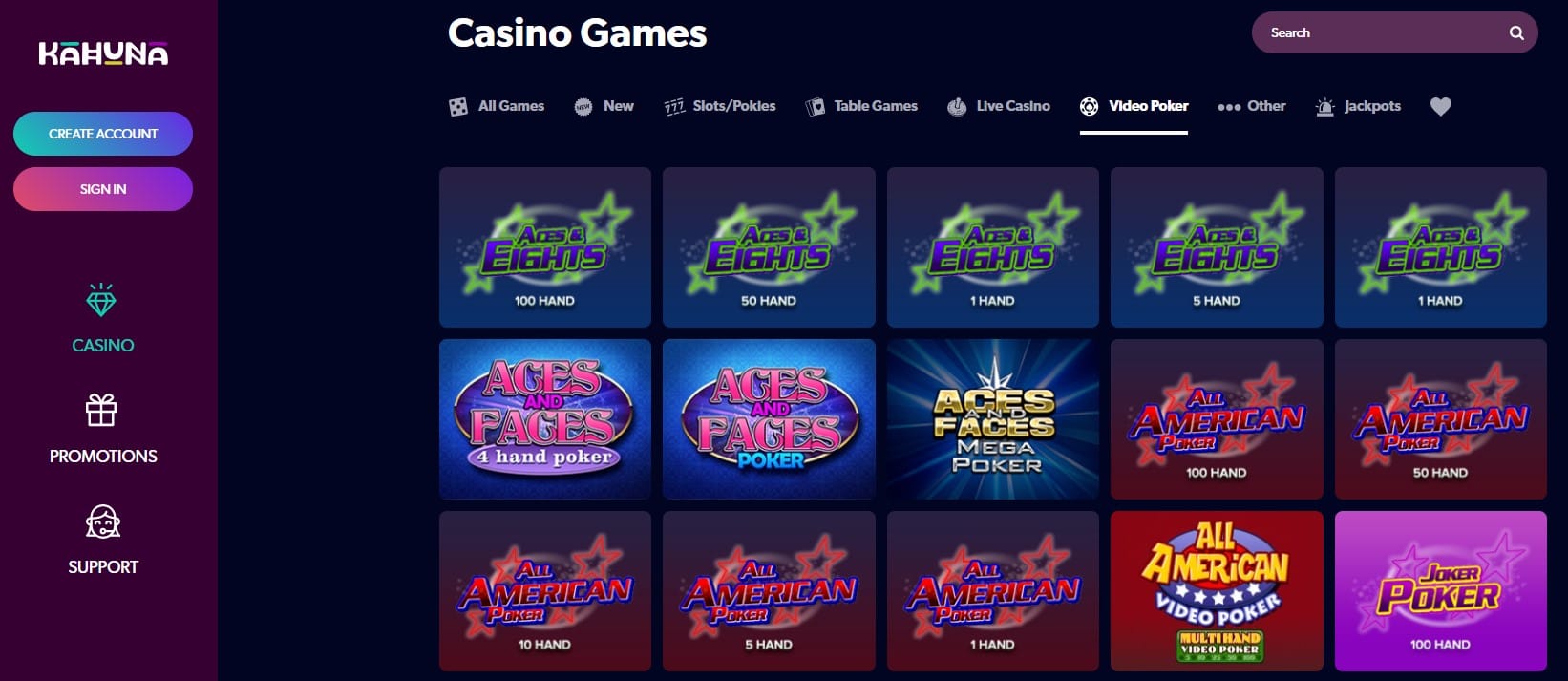 Kahuna Casino video poker