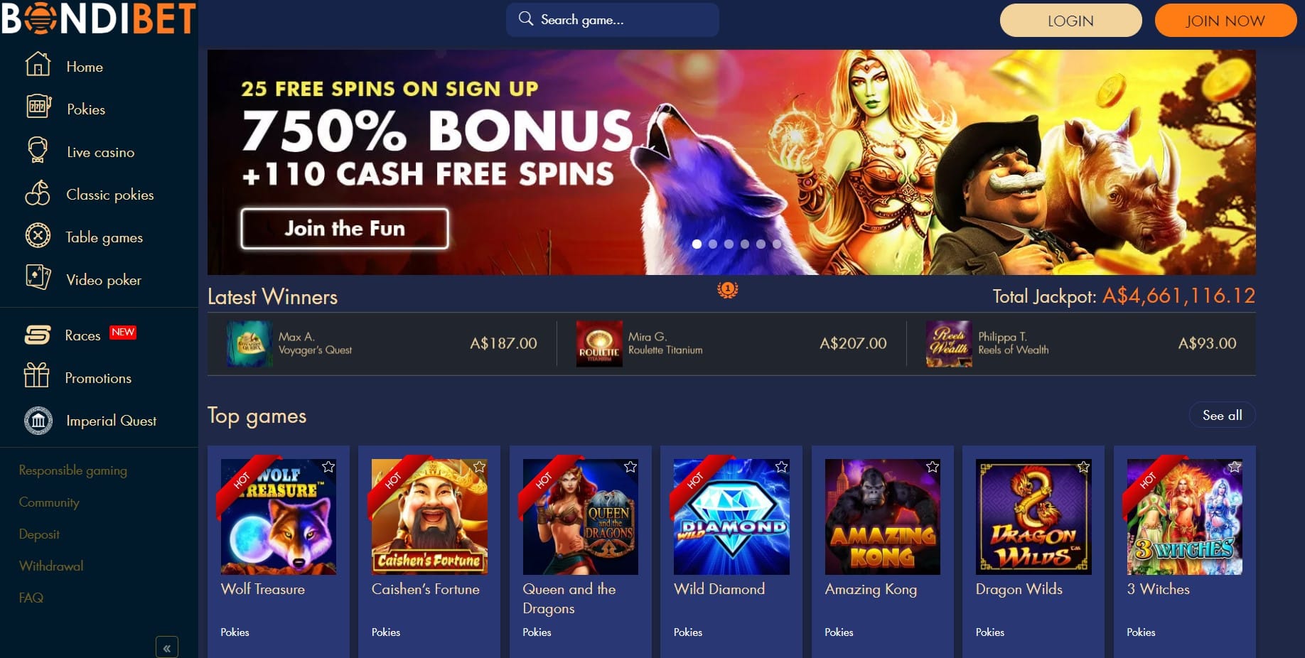 Bondibet casino homepage
