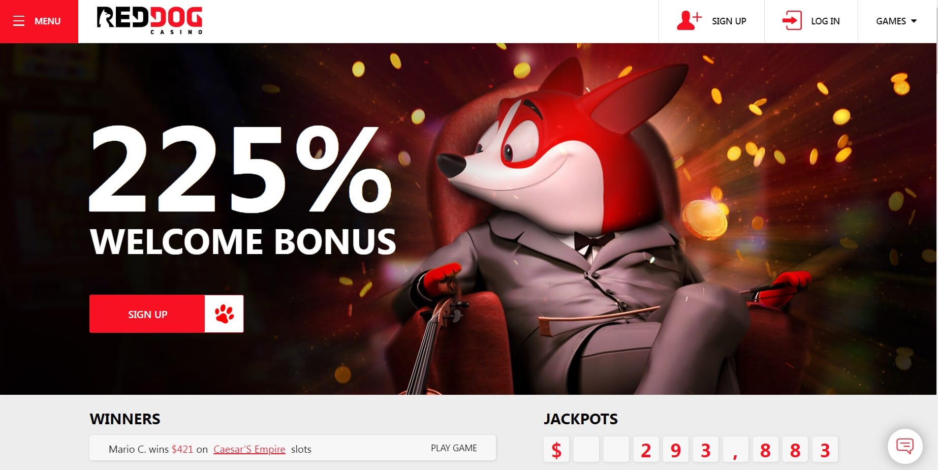 RedDog casino homepage