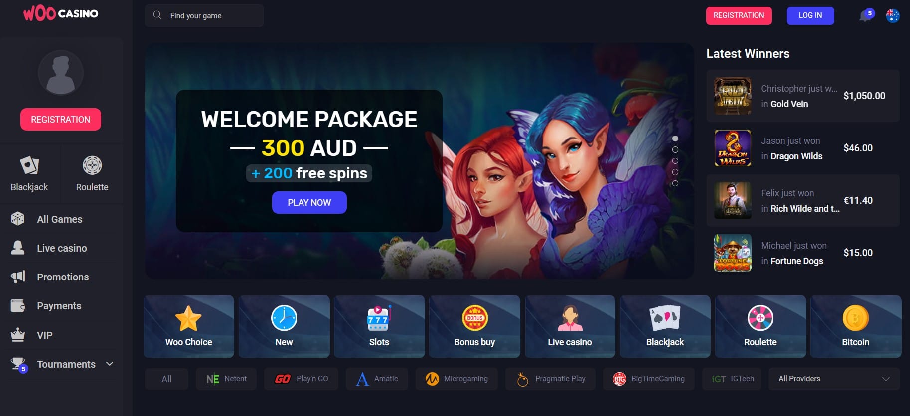 Woo Casino homepage