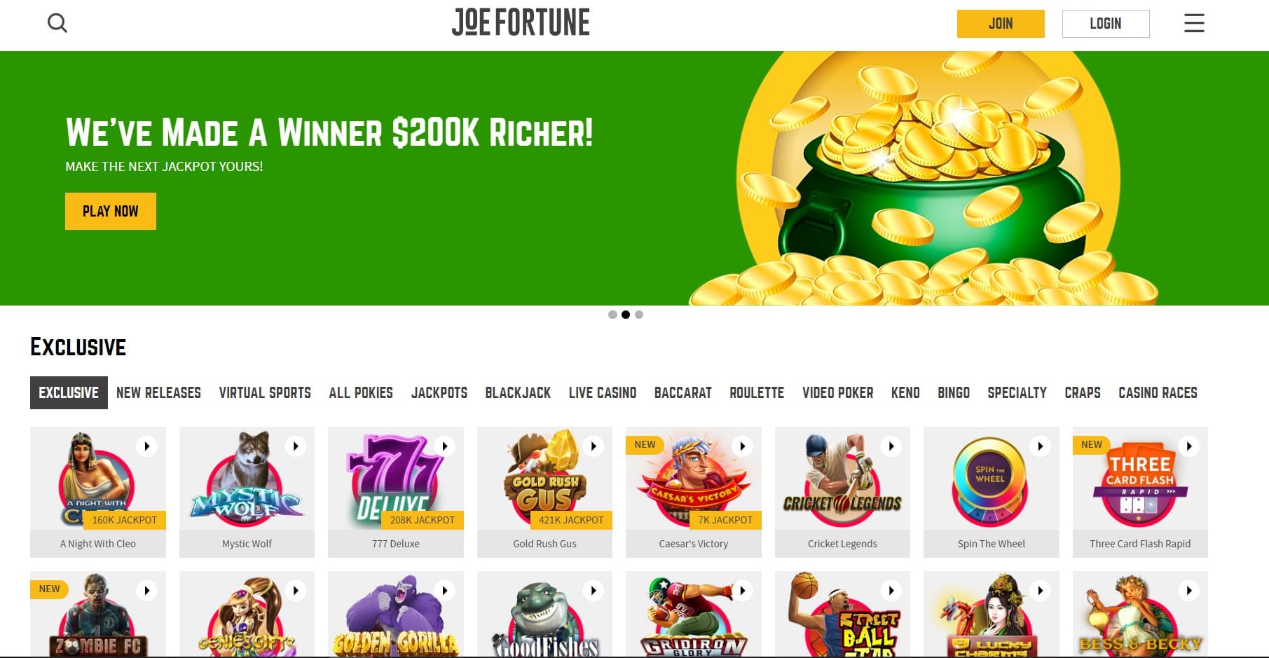 Joe Fortune Casino homepage