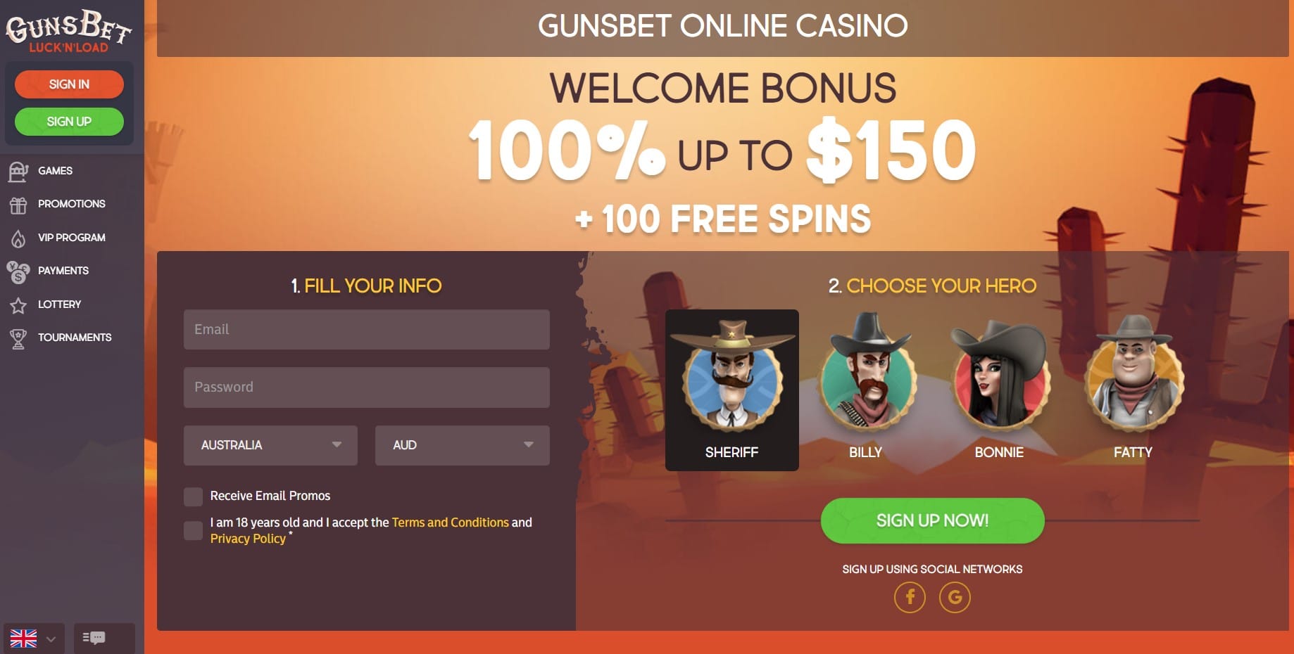 GunsBet Casino homepage