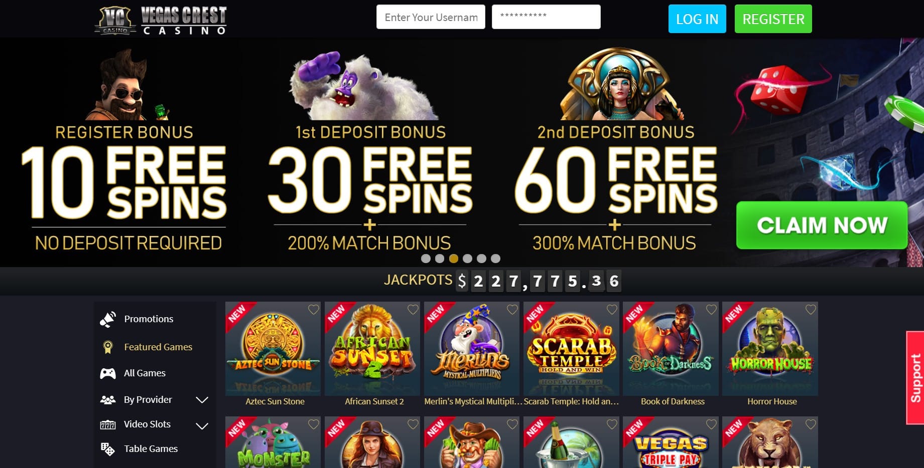 Vegas Crest Casino homepage