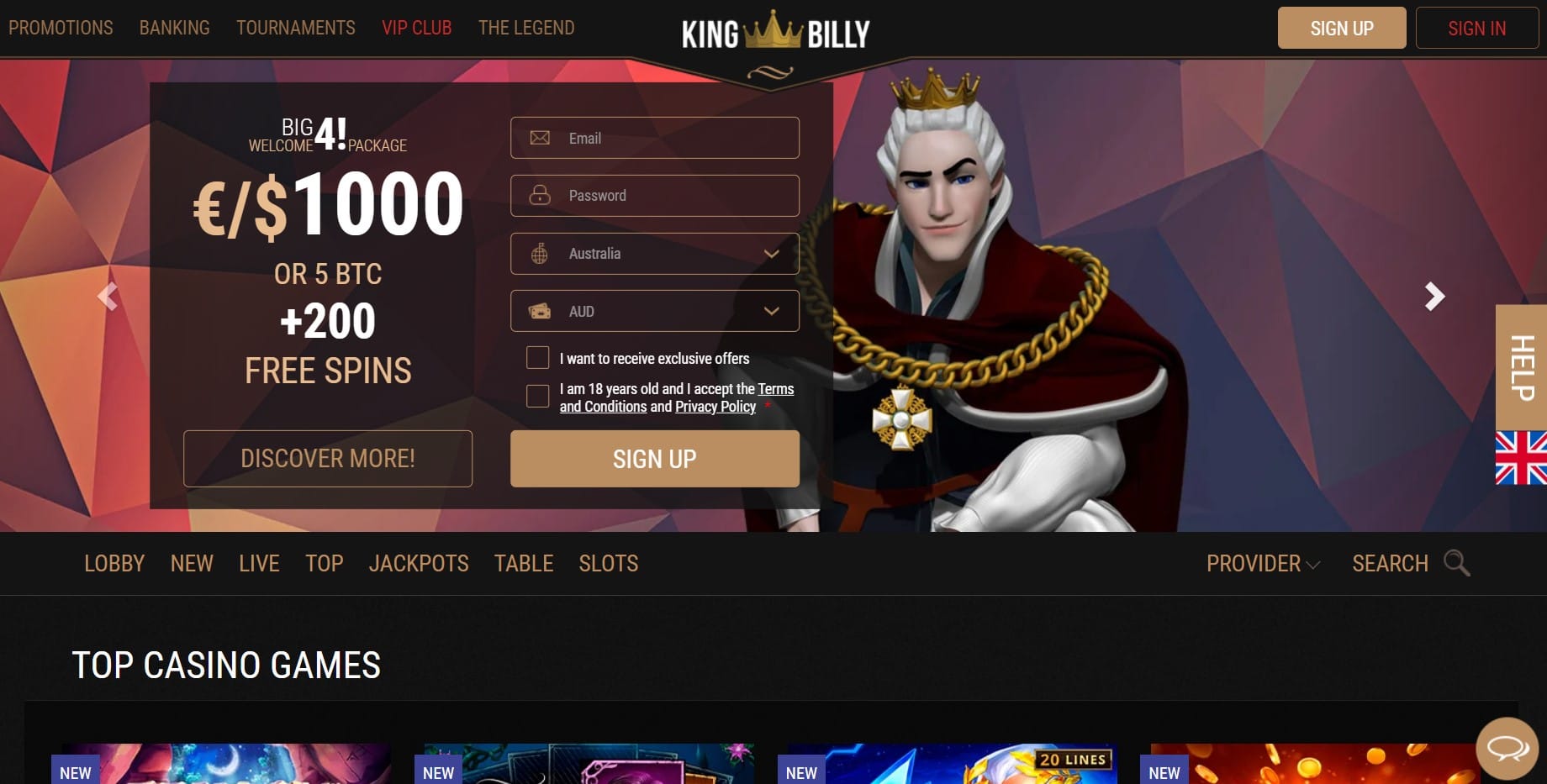 King Billy Casino homepage