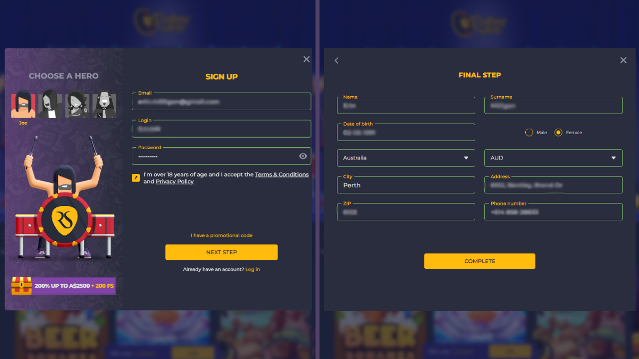 rolling slots sign-up process