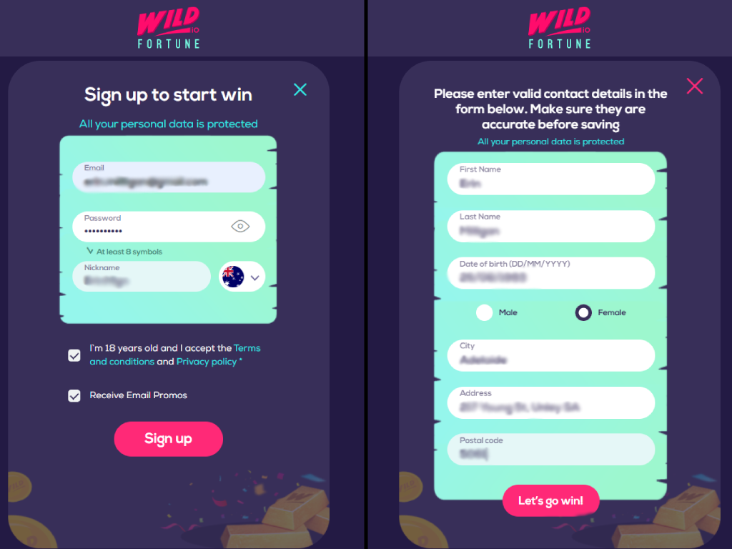 Wild Fortune sign up process